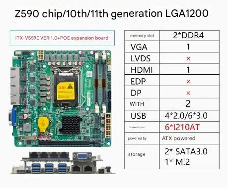 Z590 Motherboard Mini-ITX SBC IPC Mainboard Industrial Board Mini ITX Support 10/11th LGA1200 CPU 2*COM 2~6*LAN i210 PS/2 VGA