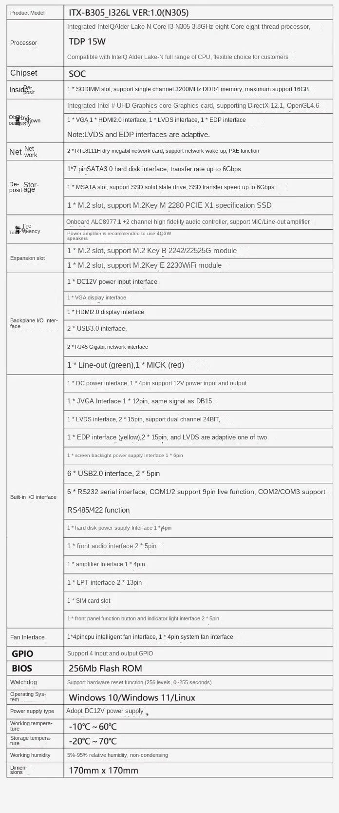i3-N305 N100 Mini-ITX Motherboard Core Intel CPU IPC SBC Embedded Fanless Ultra-thin Mainboard with COM LPT DC-12V DDR4 EDP