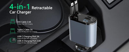 4 in 1 Retractable Car Charger, USB C Fast Charging Adapter[Max100W] with Lightning Cable&Dual Charge Port Compatible with iPhone 15/14/13 Pro Max Plus/iPad/AirPods,Samsung Galaxy S23/S22/S10