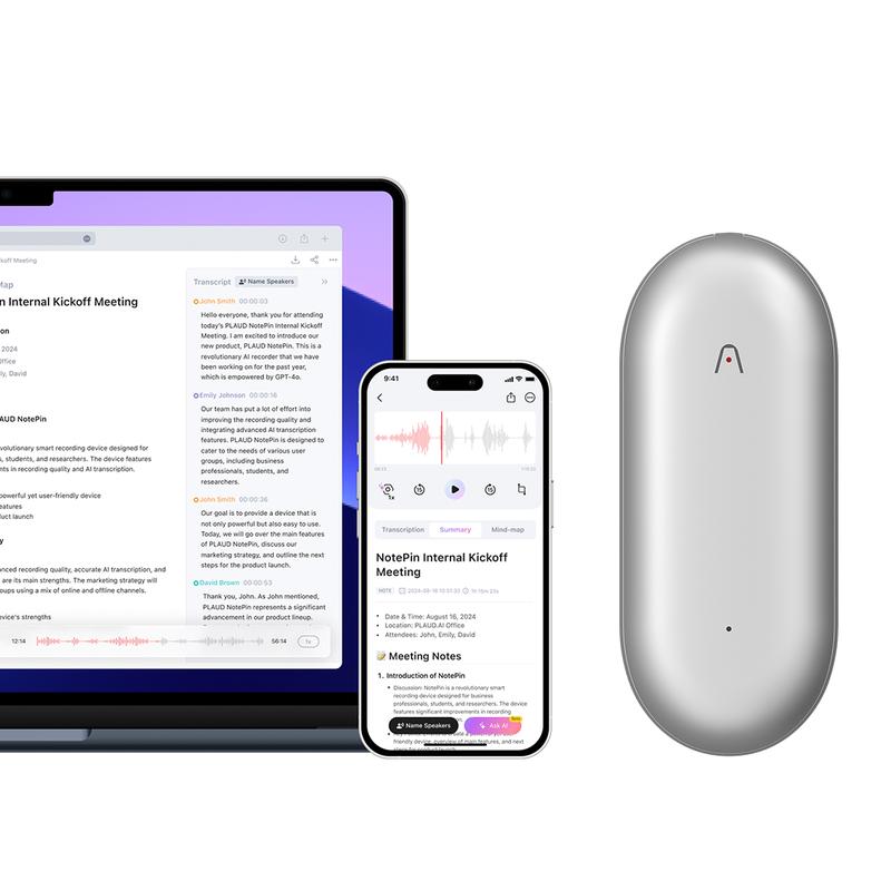 PLAUD NotePin Smart Voice Recorder, 64GB Memory, Supports 112 Languages, App Control, AI Transcribe & Summarize, Audio Recorder for Lectures & Meetings