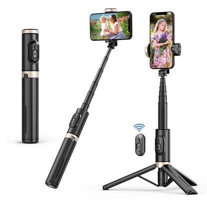 HANENO Portable Selfie Stick Tripod with Remote Bluetooth, Telescopic Design for iPhone, Upgraded Tripod for Travel and Recording Vlogging Kit Camera Stabilizer Electronic Gadgets Aluminum Android Cellphone Smartphone Tk Q12 Black