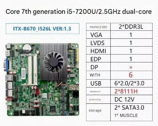 i5-7200u Mini-ITX Motherboard 7th Core Intel CPU IPC SBC Embedded Ultra-thin Mainboard with 6COM 2LAN DC12V DDR3L 6USB LVDS VGA