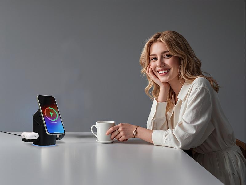 Three in one wireless charger, fast charging, Qi2 certified, suitable for iPhone, iWatch, AirPods headphone charging stations, touch pop-up charging, easy to carry wireless charger,Wireless Multi-Device Charging touch pop-up charging,Gifts,Mother's Day