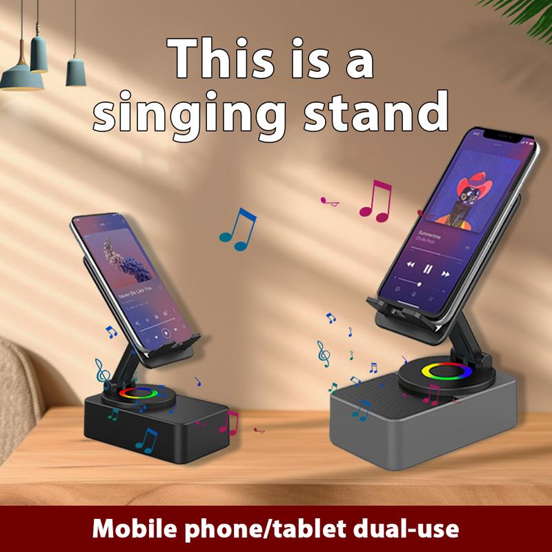 Wireless Audio Bluetooth Speaker 5in1 Phone Holder Emergency Rechargeable withColorful Ambient Light 300° Foldable for Tablet iPhone Android, Gifts for Men Women ，Black