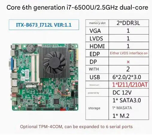 i5-6300u i7-6500u Mini-ITX Motherboard Core CPU IPC SBC Embedded Fanless Ultra-thin Mainboard with COM LPT PS/2 DC12V DDR3L LVDS