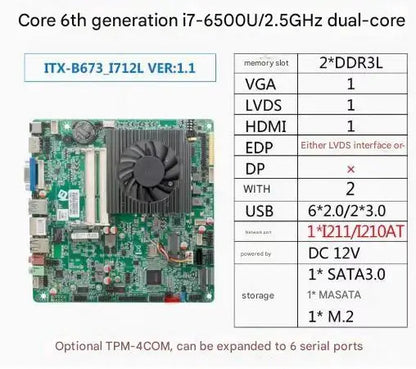i5-6300u i7-6500u Mini-ITX Motherboard Core CPU IPC SBC Embedded Fanless Ultra-thin Mainboard with COM LPT PS/2 DC12V DDR3L LVDS