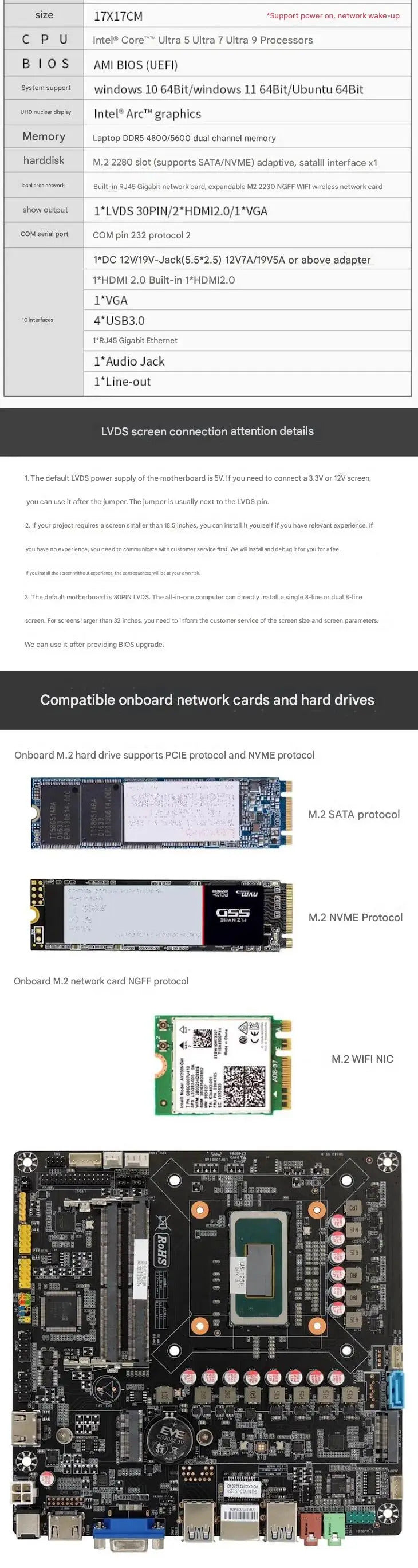 Ultra 5 125H Ultra 7 155H Mini-ITX Motherboard Intel CPU IPC SBC Embedded Ultra-thin Mainboard with 2COM LAN DDR5 4USB LVDS