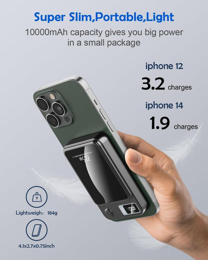 Green Springtok Digital Power Display 10000 mAh Ultra-Thin Mini Wireless Magnetic Power Bank for iPhone & Android Phones, Compact and Portable Charger Chargeable Smartphone Battery
