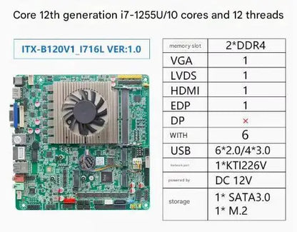i7-1255U Mini-ITX Motherboard 12th 10Core Intel CPU IPC SBC Embedded Ultra-thin Mainboard with 6COM i226 DC12V DDR4 8USB EDP VGA