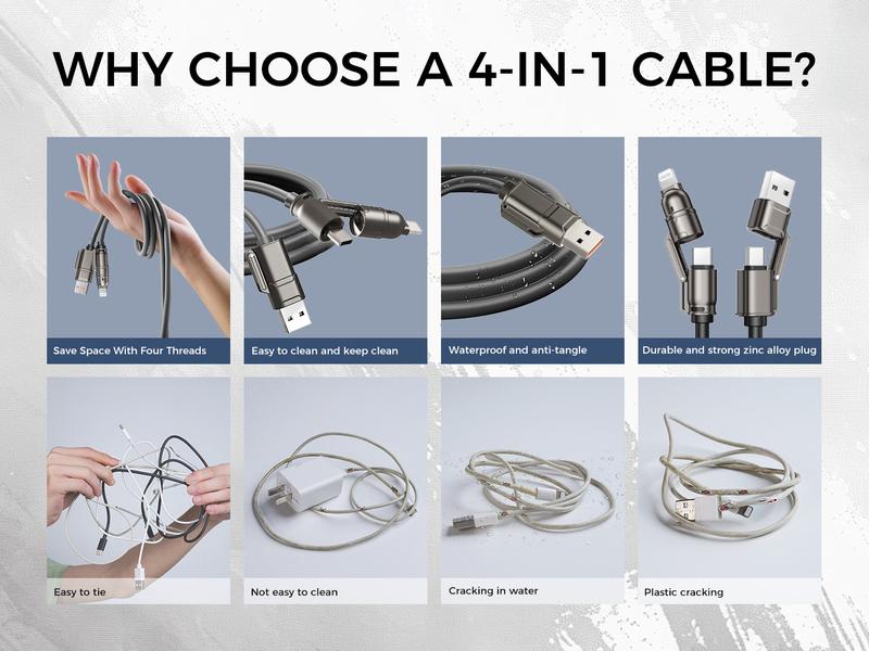 NEW - MAGIC JOHN USB Type C Charging Cable, 4 in 1 Function, 65W Fast Charging, Liquid Silicone and Aluminum Alloy Material, Braided Data Cable, Black & Gray