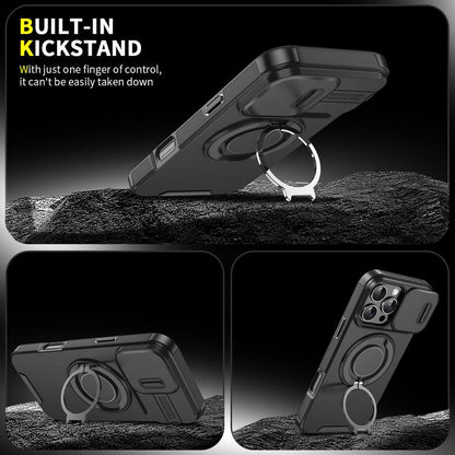For iPhone 16 Pro Max 15 14 13 12 11 Magnetic Ring Stand Case w/Slide Lens Cover 360 Rotated Ring Kickstand Holder Military Grade Shock proof Slide Camera Protective Cover Phone Case