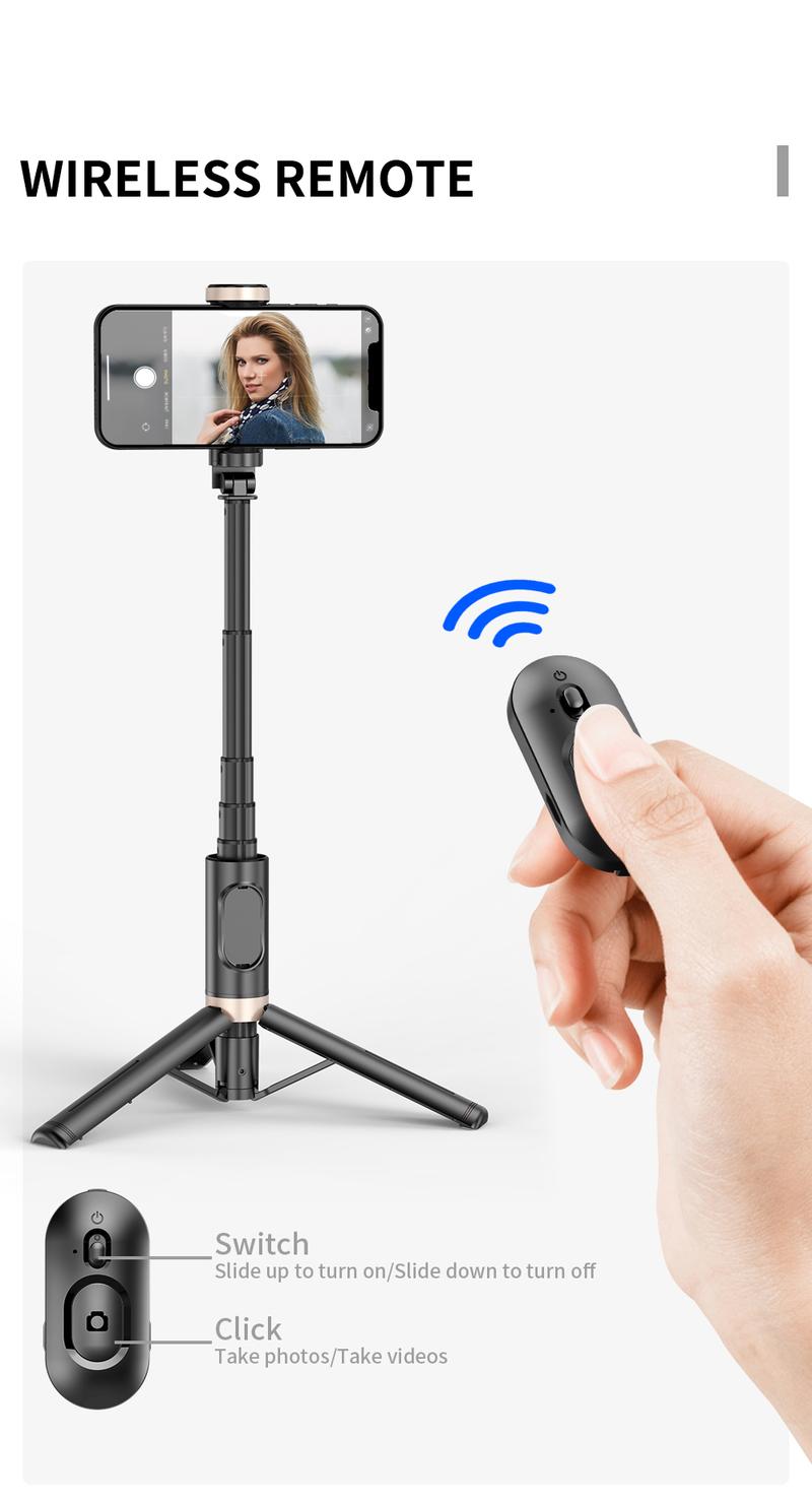 HANENO Portable Selfie Stick Tripod with Remote Bluetooth, Telescopic Design for iPhone, Upgraded Tripod for Travel and Recording Vlogging Kit Camera Stabilizer Electronic Gadgets Aluminum Android Cellphone Smartphone Tk Q12 Black