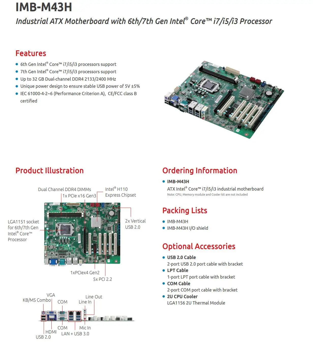 IMB-M43H A2 100% OK Original IPC Mainboard ATX Industrial Motherboard 5*PCI 2*LAN 6*COM 6th/7th Gen LGA1151 CPU SBC