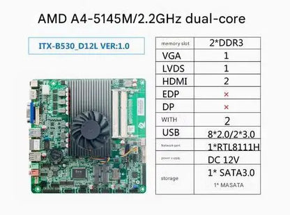 A4-5145 Mini-ITX Motherboard Onboard CPU A70 IPC SBC Embedded Ultra-thin Mainboard with 2COM LAN DC-12V VGA LPT DDR3 LVDS