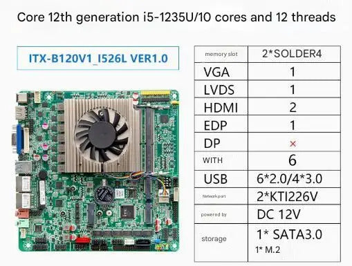 i5-1235U Mini-ITX Motherboard 12th 10Core Intel CPU IPC SBC Embedded Ultra-thin Mainboard with 6COM i226 DC12V DDR4 8USB EDP VGA