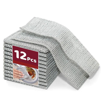 【Freeship】12-Pack Dishwashing Rags, Multipurpose Non-Scratch Wire Dishcloths for Wet and Dry Use,Reusable Wire Cleaning Cloths for Kitchen, Sinks.and Pans Silver Removable, Washable & More
