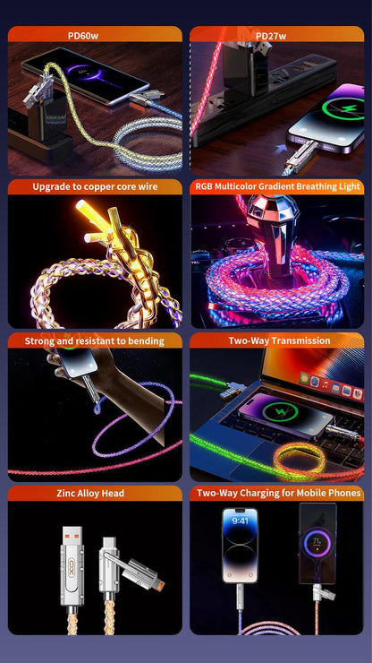 【Mother's Day Gift】Four-in-One 100W Colorful lights Data Cable,Supports fast charging and data transmission,Free switching four interfaces, Luminous Durable