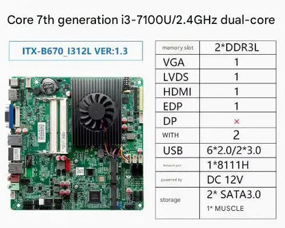 i3-7100u Mini-ITX Motherboard 7th Core Intel CPU IPC SBC Embedded Ultra-thin Mainboard with 2COM LAN DC12V DDR3L 6USB LVDS VGA