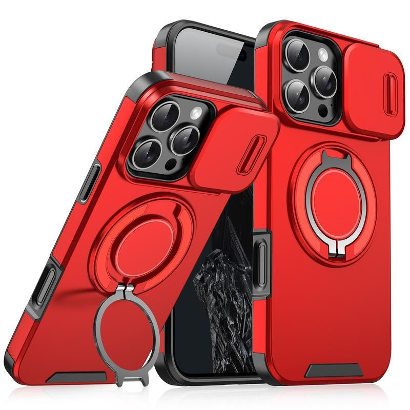 For iPhone 16 15 14 13 12 Pro Max with Slide Camera Case, 360 Rotated Ring Kickstand Holder Military Grade Shockproof Protective Cover