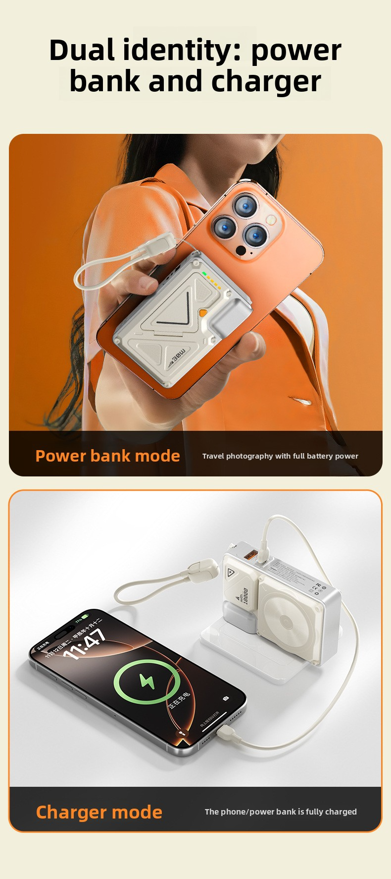 Power Bank AC Power Bank 35W Fast Charging with Built-in Cable Portable Power Supply Magnetic Wireless Charging Stand Multi-Function