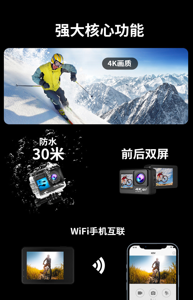 Cross-Border4k Action Camera HD Dual Screen wifi Outdoor sports wireless shooting head-mounted cycling camera factory