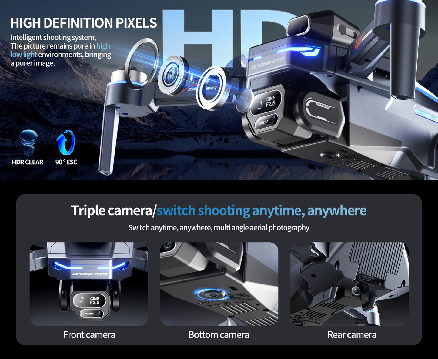 Cross-border Drone GT8Three-Camera Aerial Photography Four-Axis Flight Power Display Over-Distance Reminder Remote Control Toy Airplane