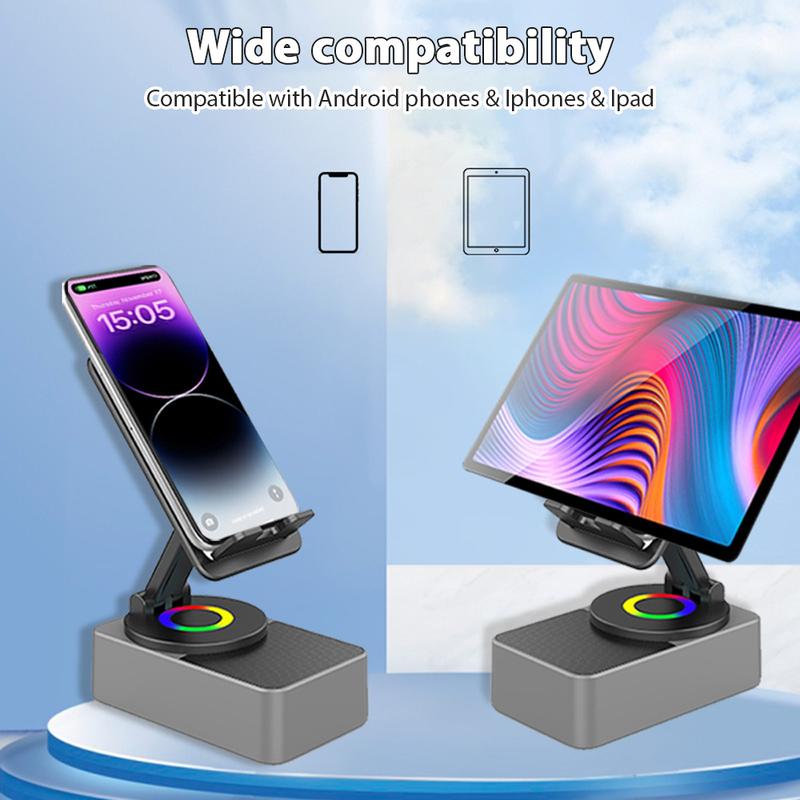 Wireless Audio Bluetooth Speaker 5in1 Phone Holder Emergency Rechargeable withColorful Ambient Light 300° Foldable for Tablet iPhone Android, Gifts for Men Women ，Black