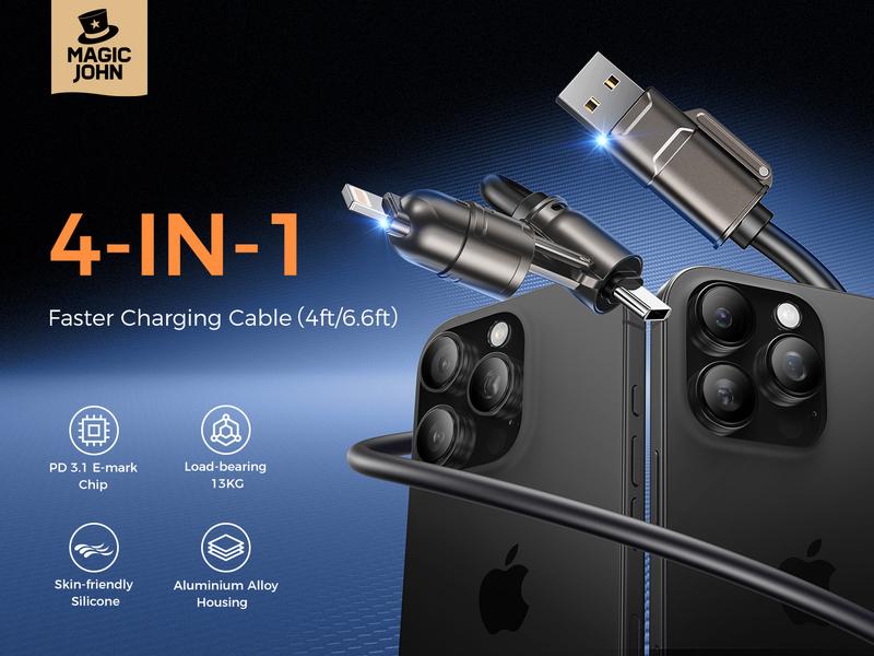 NEW - MAGIC JOHN USB Type C Charging Cable, 4 in 1 Function, 65W Fast Charging, Liquid Silicone and Aluminum Alloy Material, Braided Data Cable, Black & Gray