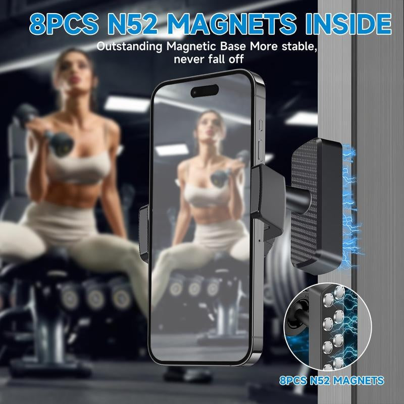 Portable Gym Magnetic Phone Holder with Magnet Base Attach to Metal Surface, 360° Adjustable Gym Phone Holder Magnet Mount for All Smartphones