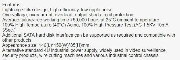 AT-400 Power supply  Power supply ( Input 115-220V AC ) Size 150x410x85mm \ cable 410mm with sata ide flopply Output Interface