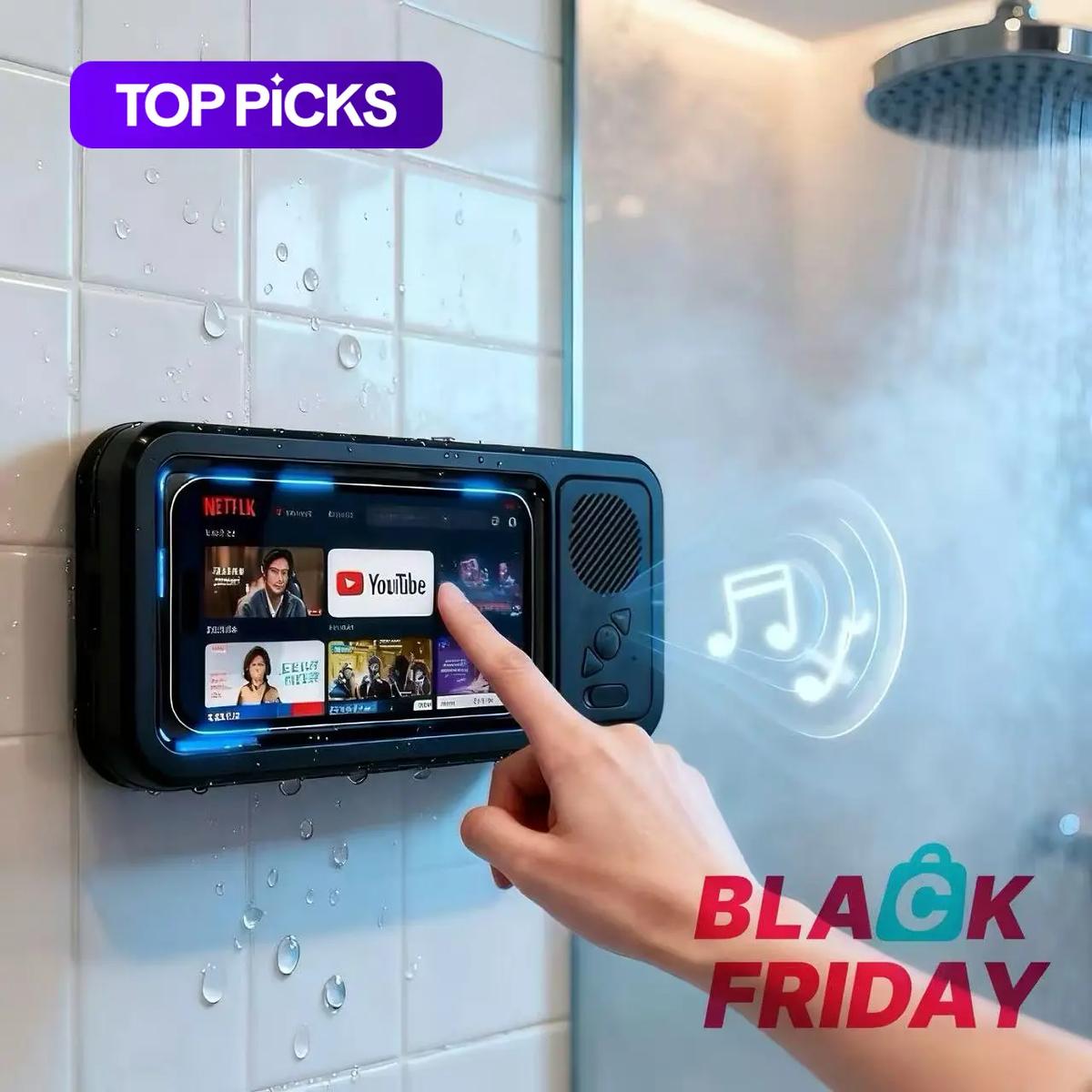 Waterproof Bluetooth-compatible Speaker with 360° Rotating Touch Screen, Shower TV-like Phone Mount for Video Viewing, Music & Bath Time in Bathroom, Kitchen & Pool, Waterproof Wireless Speaker