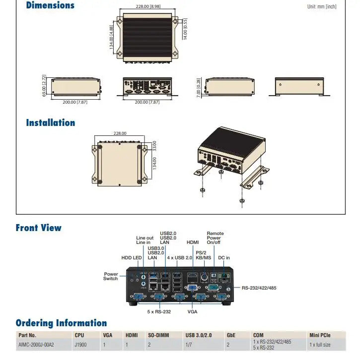 AIMC-2000 Fanless Embedded Industrial Computer Mini Industrial PC Quad-core J1900 SoC with VGA 6COM 8USB 2LAN DC-12V