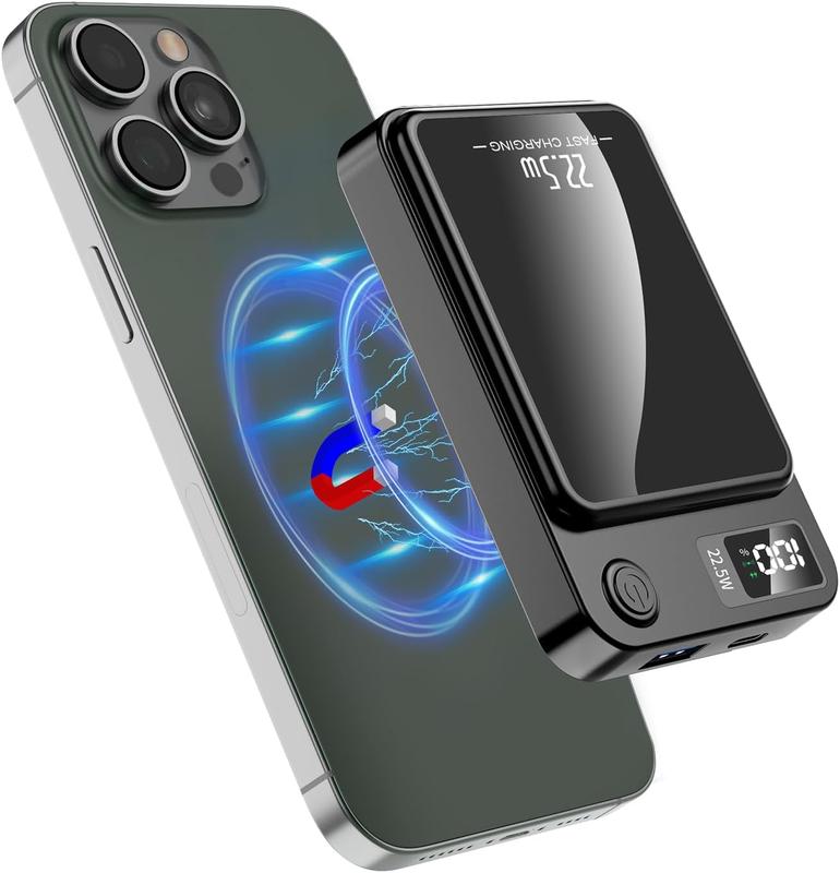 Green Springtok Digital Power Display 10000 mAh Ultra-Thin Mini Wireless Magnetic Power Bank for iPhone & Android Phones, Compact and Portable Charger Chargeable Smartphone Battery