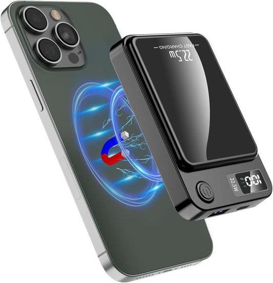 Green Springtok Digital Power Display 10000 mAh Ultra-Thin Mini Wireless Magnetic Power Bank for iPhone & Android Phones, Compact and Portable Charger Chargeable Smartphone Battery