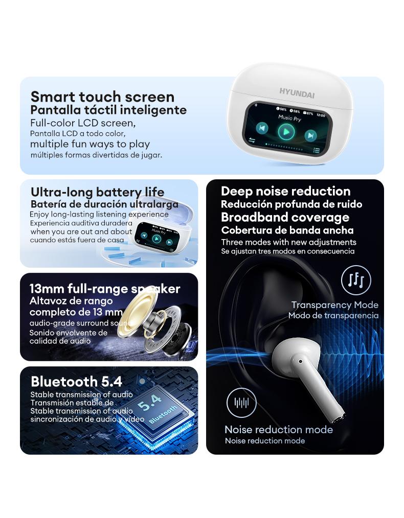 HYUNDAI Friend Pro Noise Reduction Headphones with Full Color Touch Charging Case, Robust Bass Stereo Audio Headset, IPX5 Waterproof & Anti-lost Search Function Earbuds