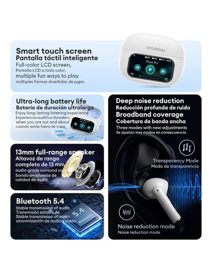 HYUNDAI Friend Pro Noise Reduction Headphones with Full Color Touch Charging Case, Robust Bass Stereo Audio Headset, IPX5 Waterproof & Anti-lost Search Function Earbuds