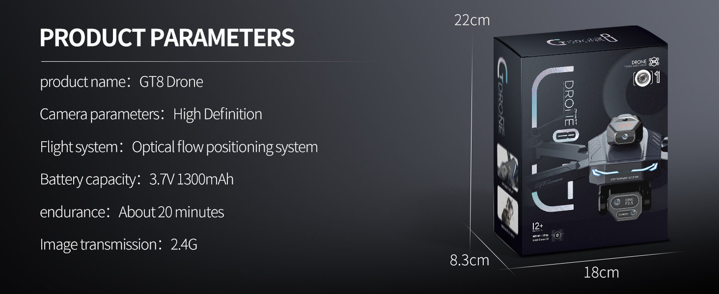 Cross-border Drone GT8Three-Camera Aerial Photography Four-Axis Flight Power Display Over-Distance Reminder Remote Control Toy Airplane