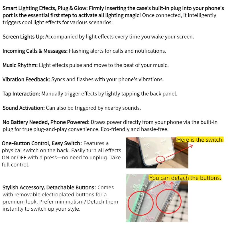 Vibrant LED Bowknot Phone Case, Compatible with iPhone 11/12/13/14/15/16/17 Pro/Pro Max/Plus, Stylish Protective Cover, Unique Design for Daily Use, Protective Casing