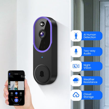 Smart 1080P Video Doorbell Camera Wireless, AI Human Detection, Live View, 2-Way Audio, Included Chime, Night Vision, 2.4G Wi-Fi, Cloud Storage, Indoor/Outdoor Surveillance Cam (Purple)