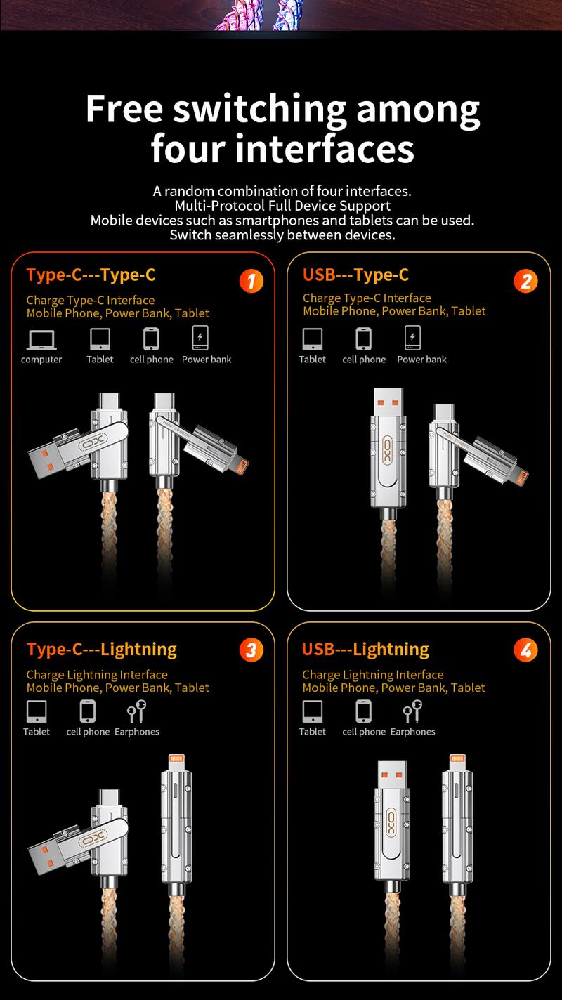 【Mother's Day Gift】Four-in-One 100W Colorful lights Data Cable,Supports fast charging and data transmission,Free switching four interfaces, Luminous Durable