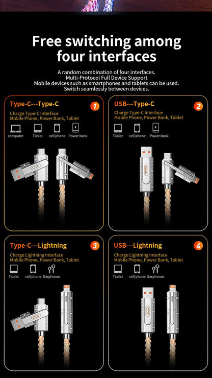 【Mother's Day Gift】Four-in-One 100W Colorful lights Data Cable,Supports fast charging and data transmission,Free switching four interfaces, Luminous Durable