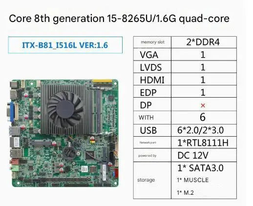 i5-8265u Mini-ITX Motherboard 8th Core Intel CPU IPC SBC Embedded Ultra-thin Mainboard with 6COM LAN DC12V DDR4 6USB LVDS EDP