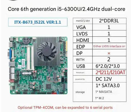i5-6300u i7-6500u Mini-ITX Motherboard Core CPU IPC SBC Embedded Fanless Ultra-thin Mainboard with COM LPT PS/2 DC12V DDR3L LVDS