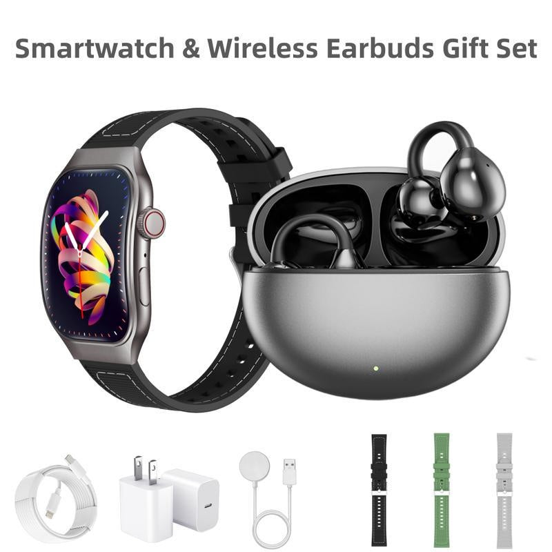 Upgraded 7-in-1 Smartwatch Gift Set – Enhanced Bluetooth Earbuds + Fast Wall Charger + USB Cable + Wireless Watch Charger + 2 Premium Bands | All-in-One Fitness & Everyday Essentials Bundle | Great Value Gift for Men & Women