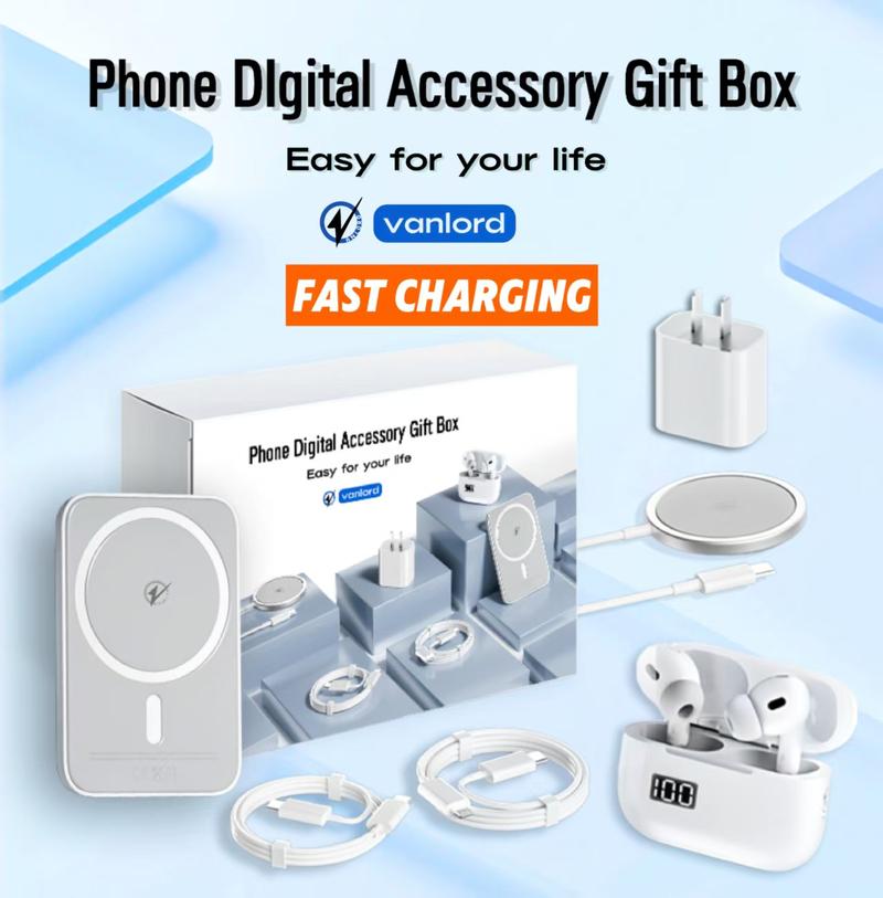 6-in-1 Magnetic Charging and Bluetooth  earphones Kit: MagSafe battery pack, Fast Charge, MagneticPower Bank, Wireless Charger, Type-C toLightning Cable, Adapter & Audio Support,Compact & Portable