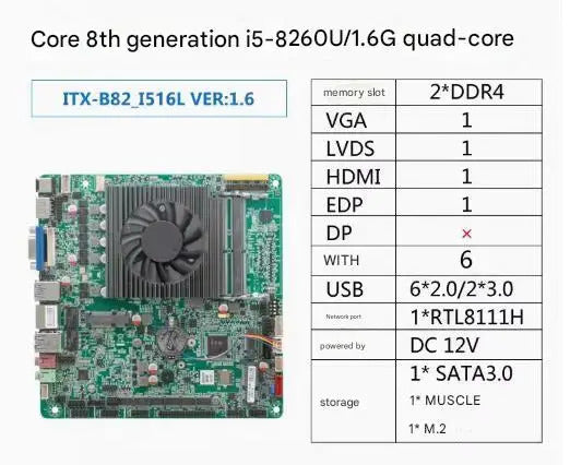 i5-8260U Mini-ITX Motherboard 8th 4 Core Intel CPU IPC SBC Embedded Ultra-thin Mainboard with 6COM LAN DC12V DDR4 8USB LVDS VGA