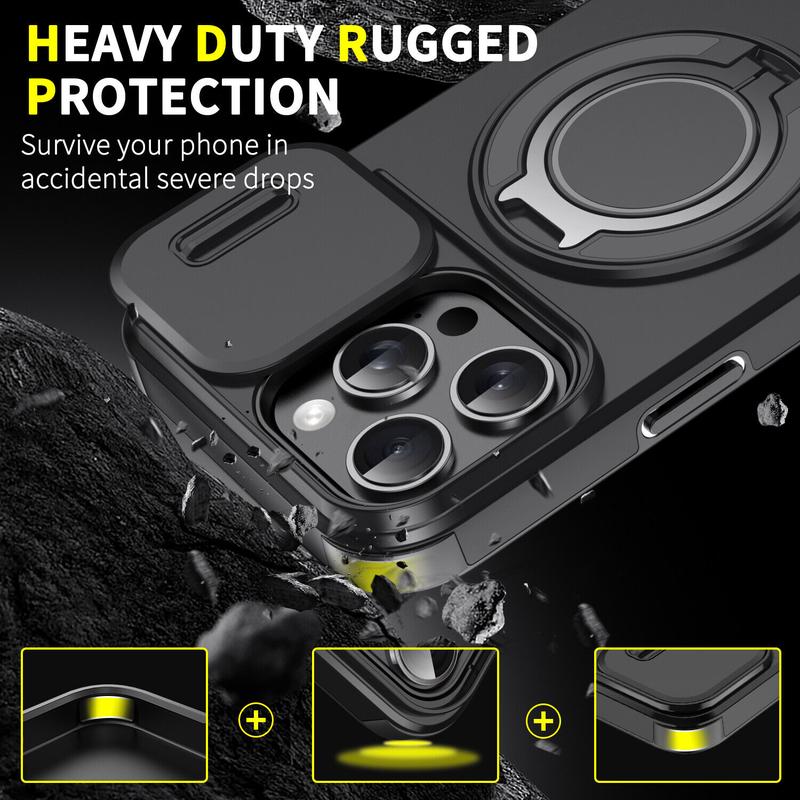 For iPhone 16 Pro Max 15 14 13 12 11 Magnetic Ring Stand Case w/Slide Lens Cover 360 Rotated Ring Kickstand Holder Military Grade Shock proof Slide Camera Protective Cover Phone Case