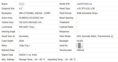 LQ042T5DZ01 LQ042T5DZ07 LQ042T5DZ08 LQ042T5DZ11 LQ042T5DZ11A 4.2-inch Original LCD Display Screen