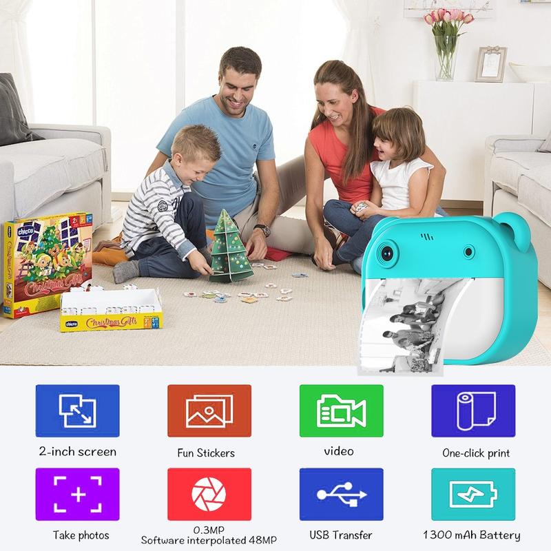 Instant Camera, Portable Camera, Digital Camera, Multifunctional 1080P HD Dual-Camera Kids Instant Print Camera, Includes Storage Card & Thermal Paper Roll, Birthday Gift