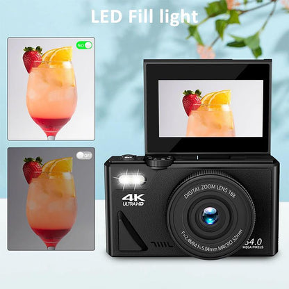 4K 64MP Digital Camera, 3.0 Inch 180° Flip Screen Vlogging Camera With LED Fill Light, 18X Digital Zoom Camera With Rechargeable Battery, 32GB TF Card